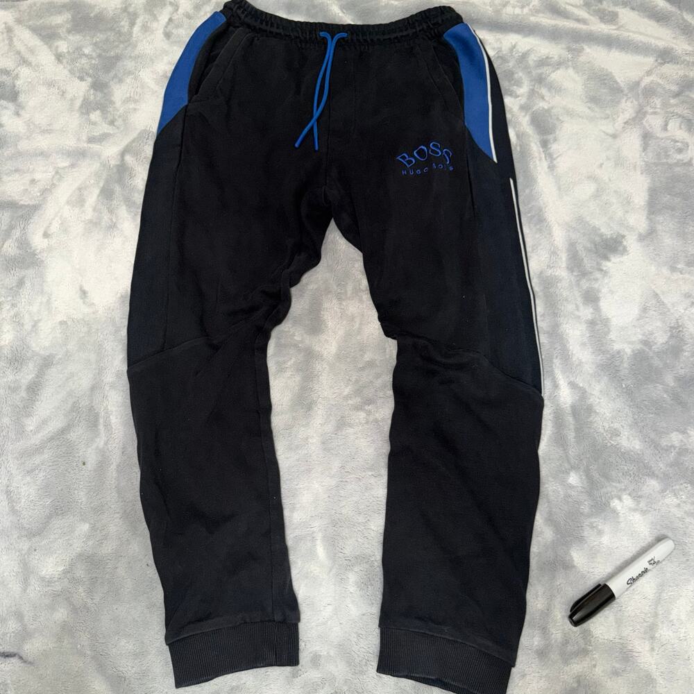 Hugo Boss BOSS Joggers Mens Small Black Royal Blue Curved Logo Sweatpants
